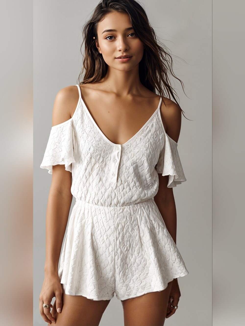 Free People FP Beach White Off The Shoulder Drop Sleeve Romper